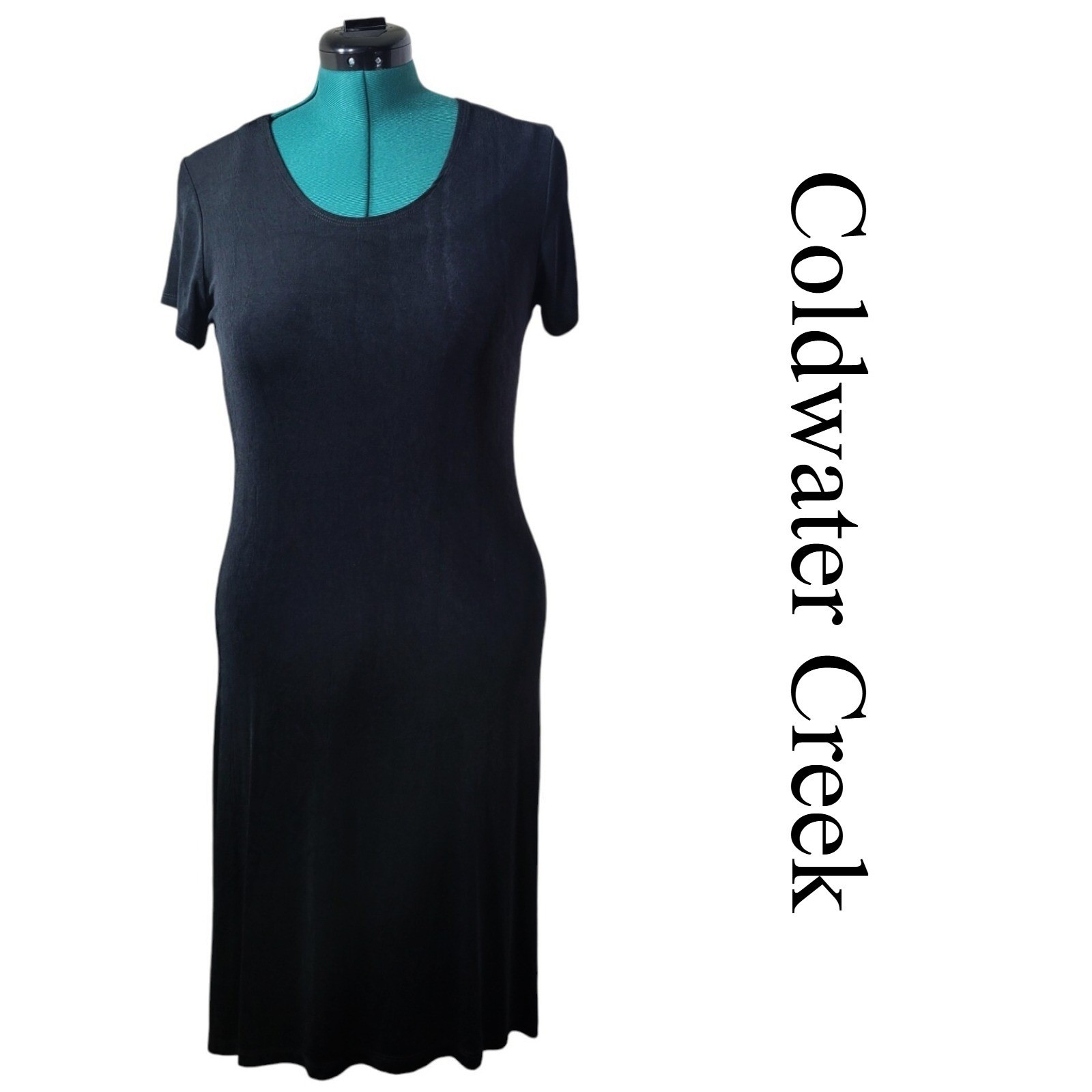 Coldwater Creek Dress Womens M 10-12 Black Acetate Blend Short Sleeve Midi Scoop