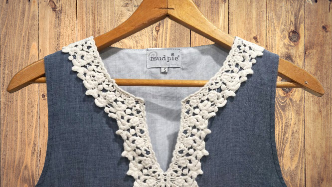 Mud Pie Chambray Crochet Trim Comfy Cotton Sleeveless Lined Dress Size Small