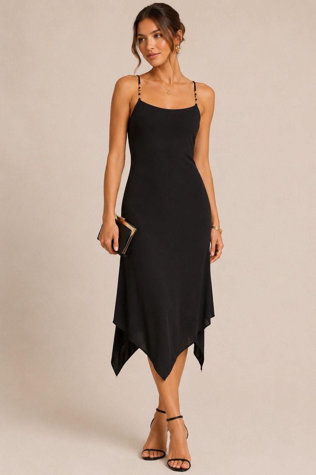 AGB Black Beaded Strap Midi Dress Handkerchief Hem Minimalist Slip Dress