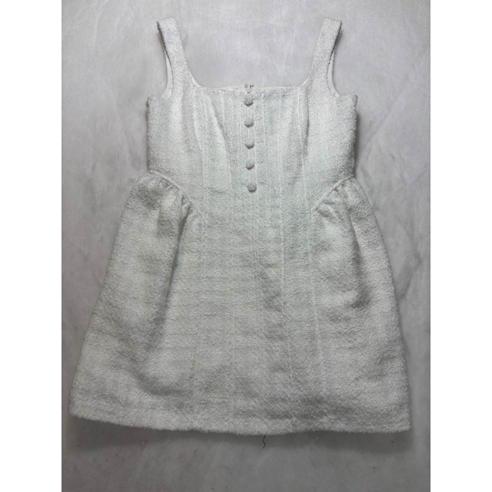 Staud White Boucle Mini Dress Square Neck Sleeveless Button Detail Pockets 33in