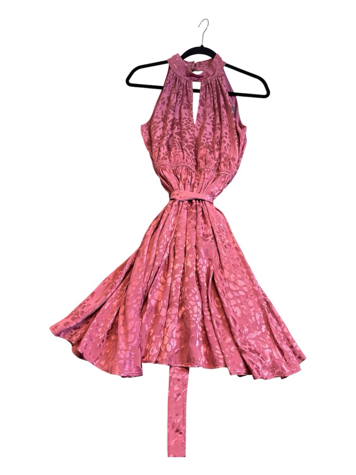 Anthropologie Rose Pink Jacquard Halter Mini Dress Small Keyhole Pockets