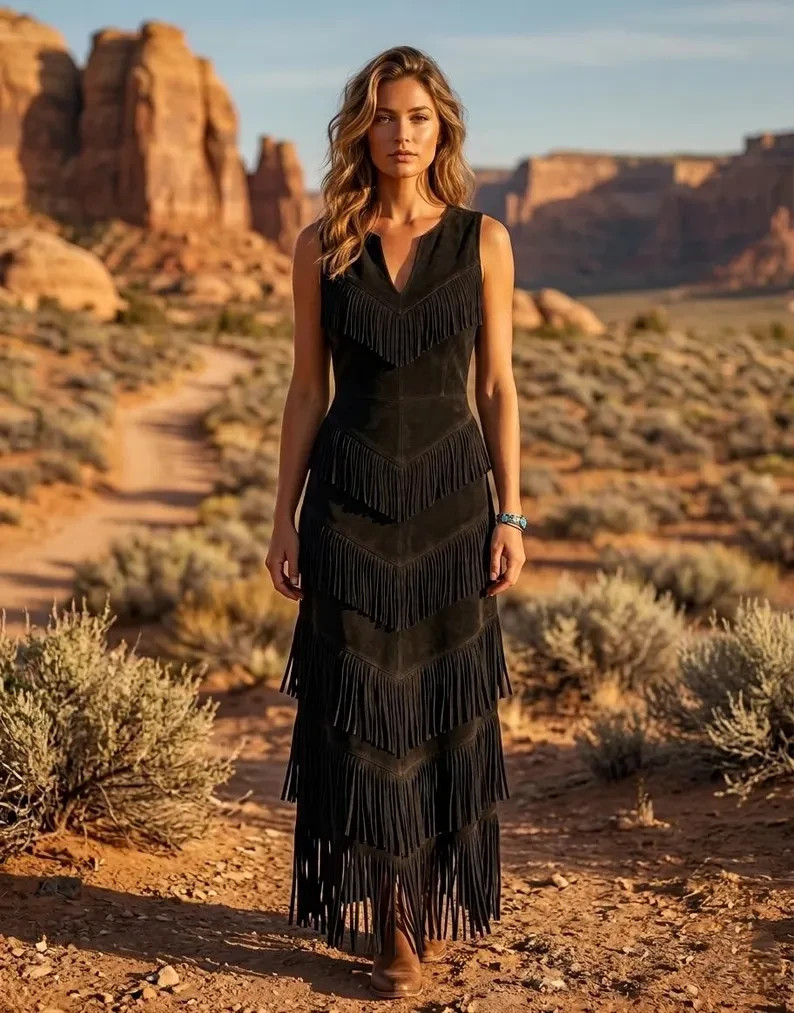 Black Leather Fringe Maxi Dress, Western Cowgirl Dress for Women, Boho Festival