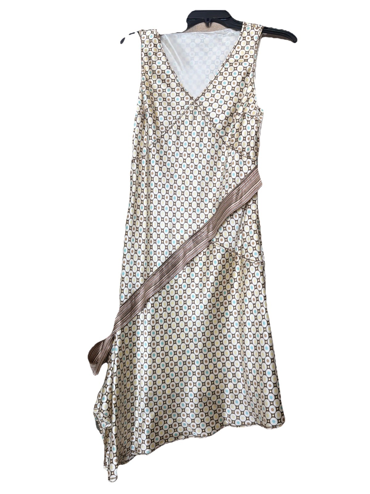 Max Studio Sleeveless Geo Print 100% Silk Dress With Brown Sash Bow Detail PL