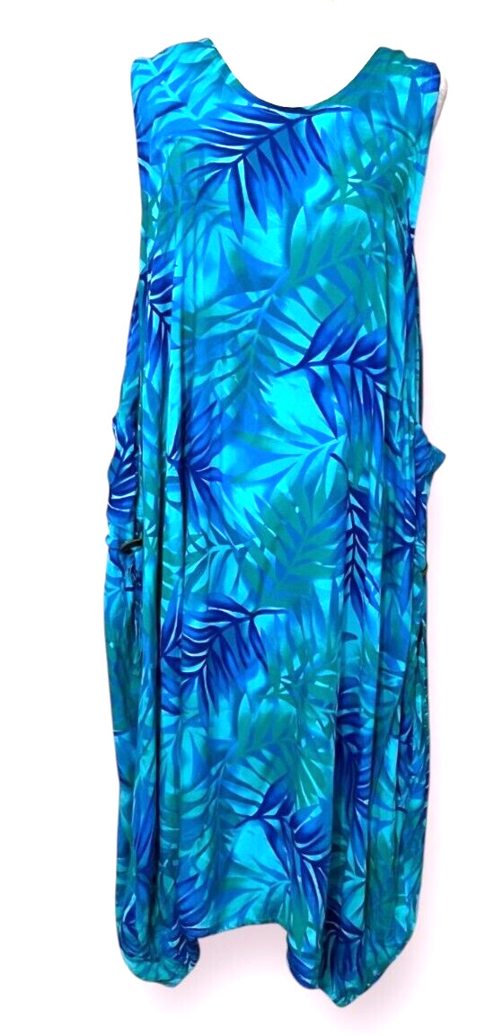 Tangerine Temple Blue Tropical Leaf Rayon Cocoon Dress L Pocket Coconut Button
