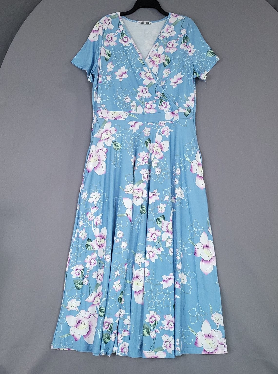 HUHOT Women’s Blue Floral Maxi Dress XXL V-Neck Short Sleeve Pockets Polyester