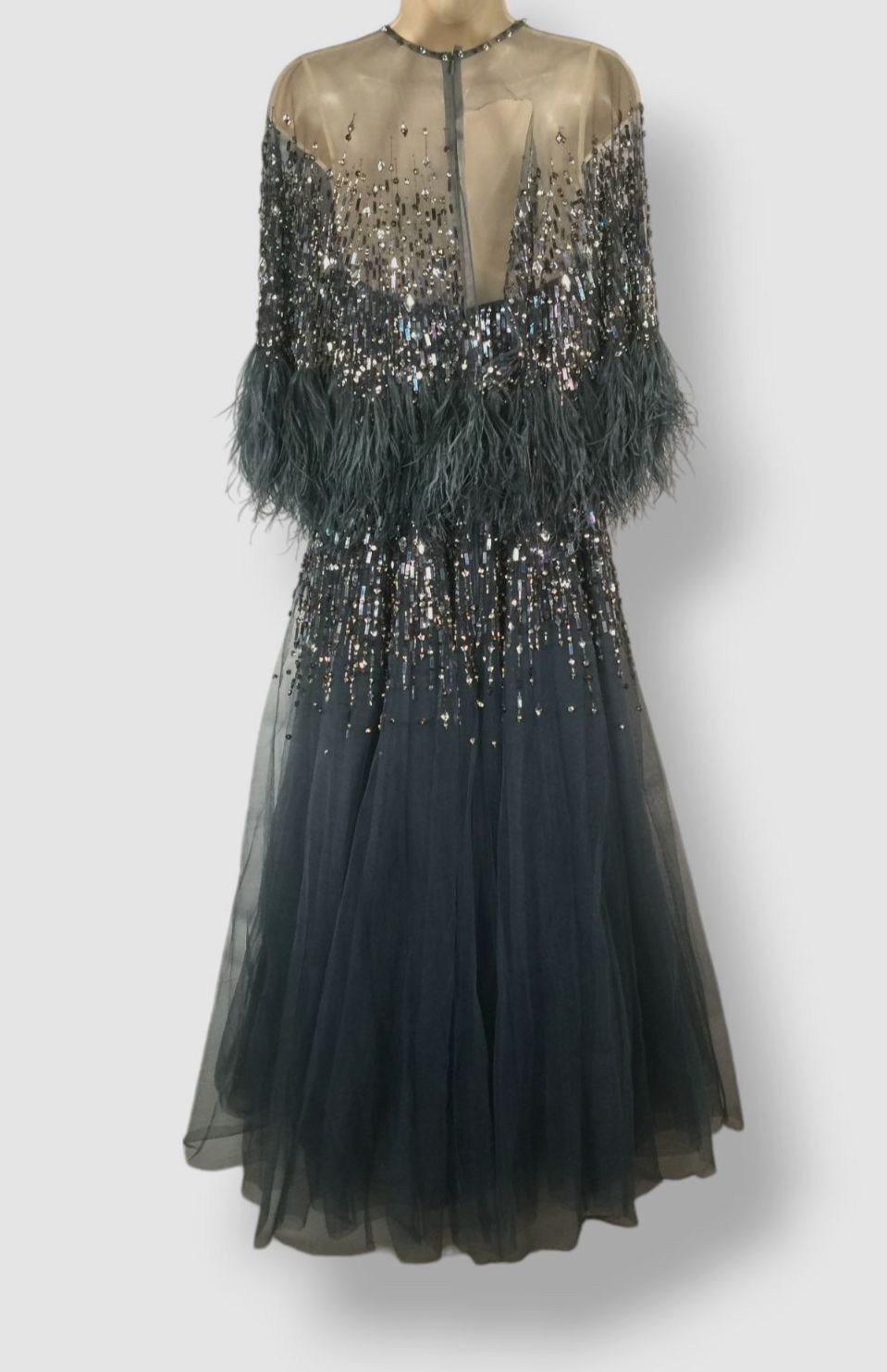 Jenny Packham Women’s Blue Dusty Miller Embellished Feather Cape Gown Dress Sz 4