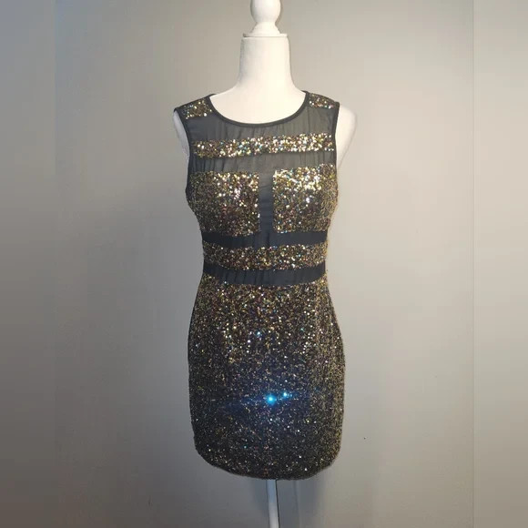 AKIRA Black With Gold Pink Blue Sequins Mini Cocktail Party Dress Large EUC