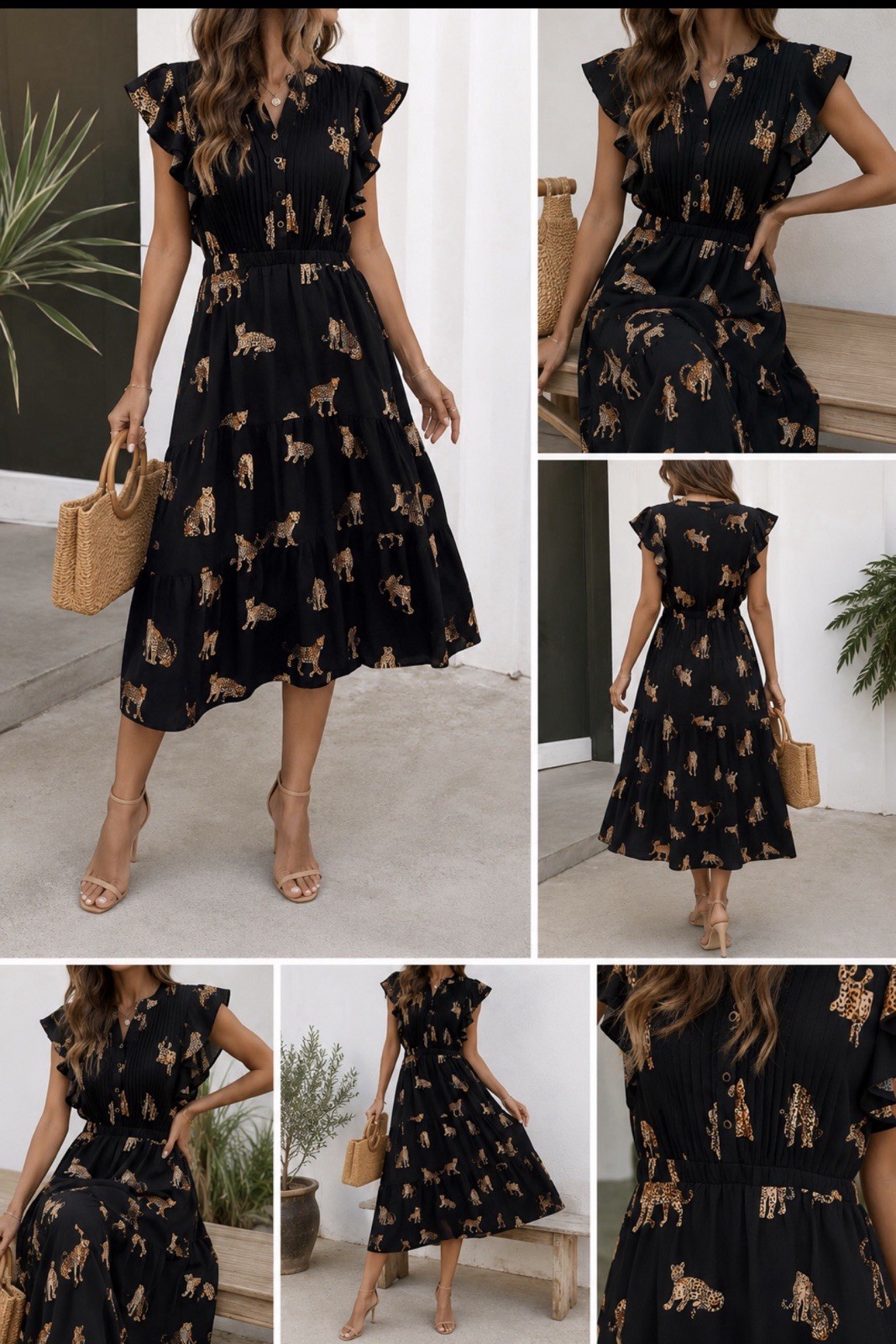 THML Black Tan Leopard Animal Print V-Neck Ruffle Flutter Midi Brunch Dress S