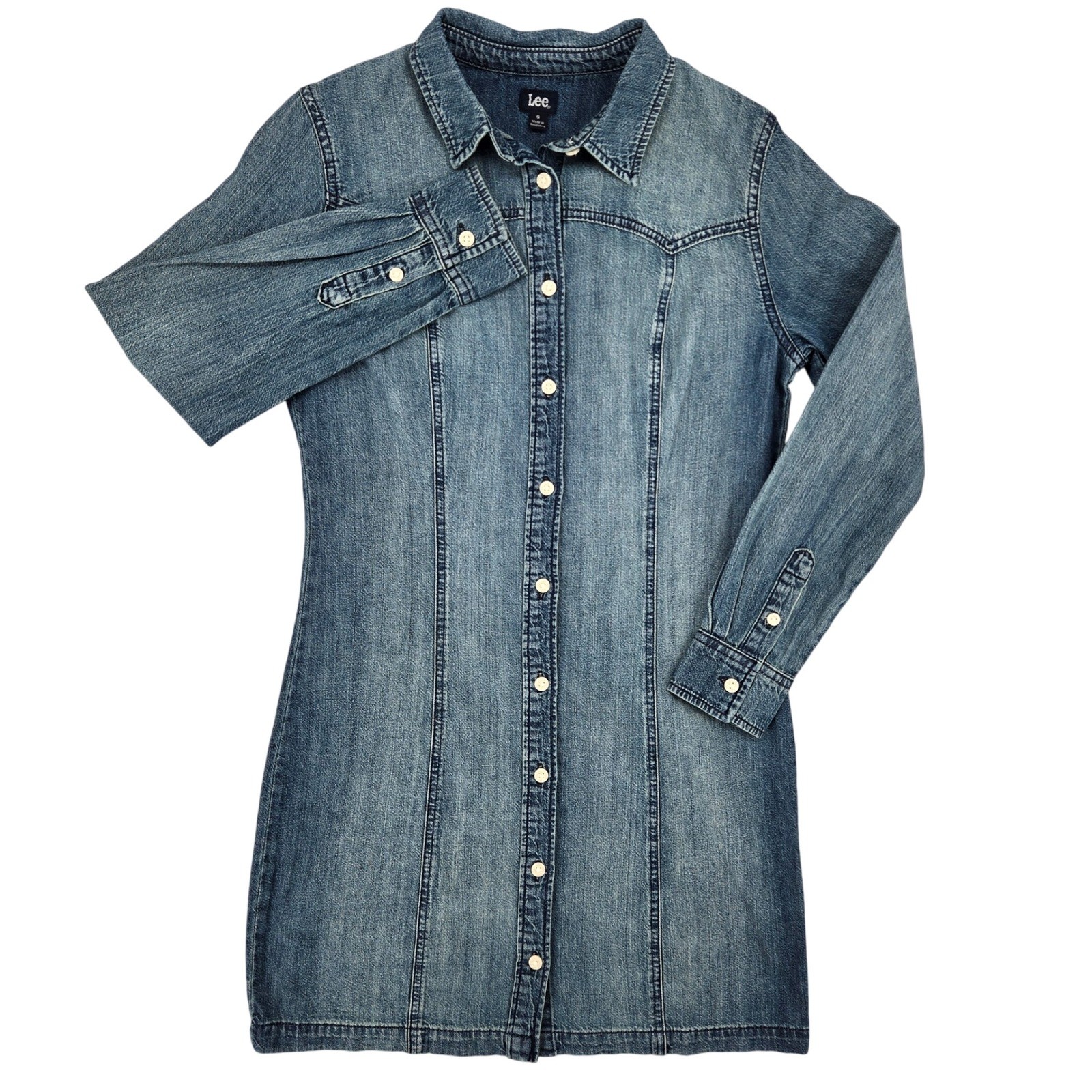Lee SMALL Denim Button Down Womens Westerncore Cowgirl Medium Wash Shirt Dress