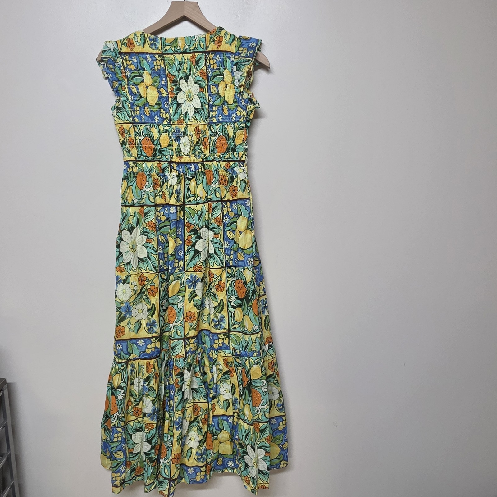 Anthropologie Peregrine Flutter Sleeve Midi Dress Citrus Floral Tile Print XXS