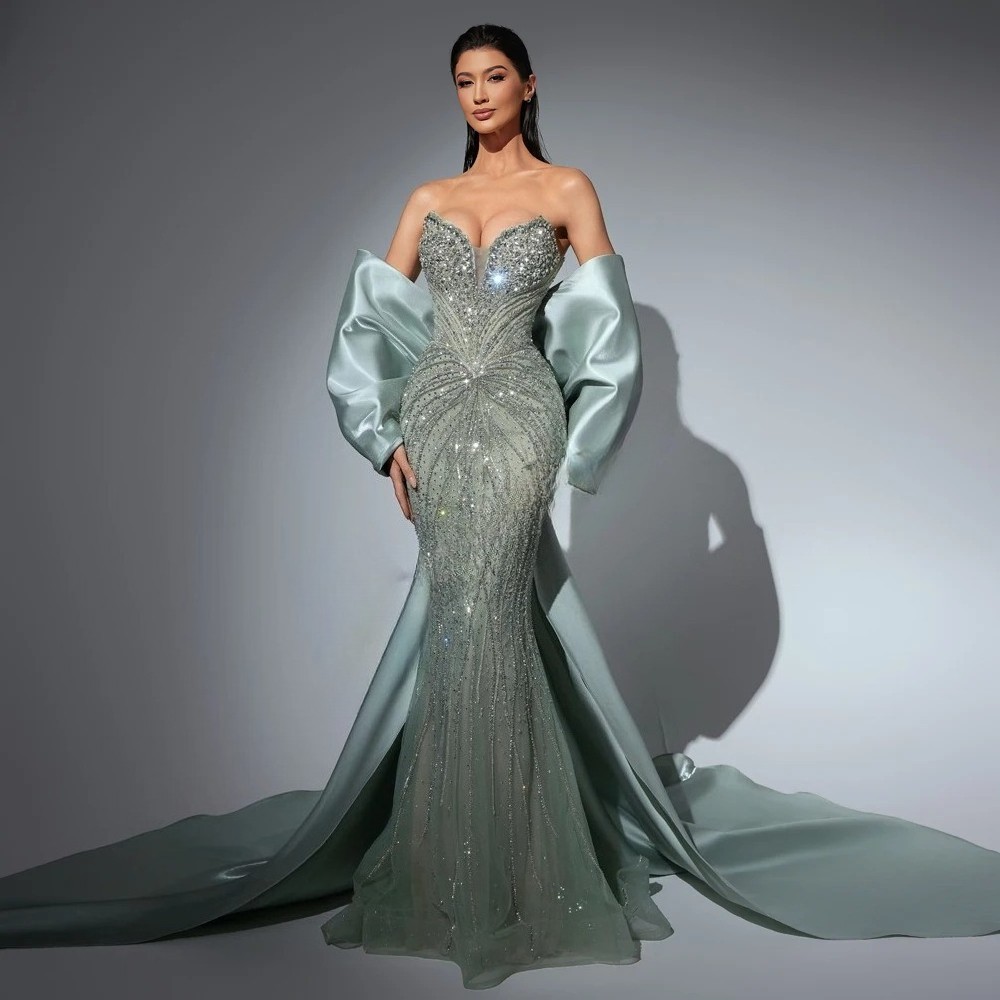 Luxury Mermaid Ball Dress with Rhinestone Lace Corset Dubai Satin Evening Gown