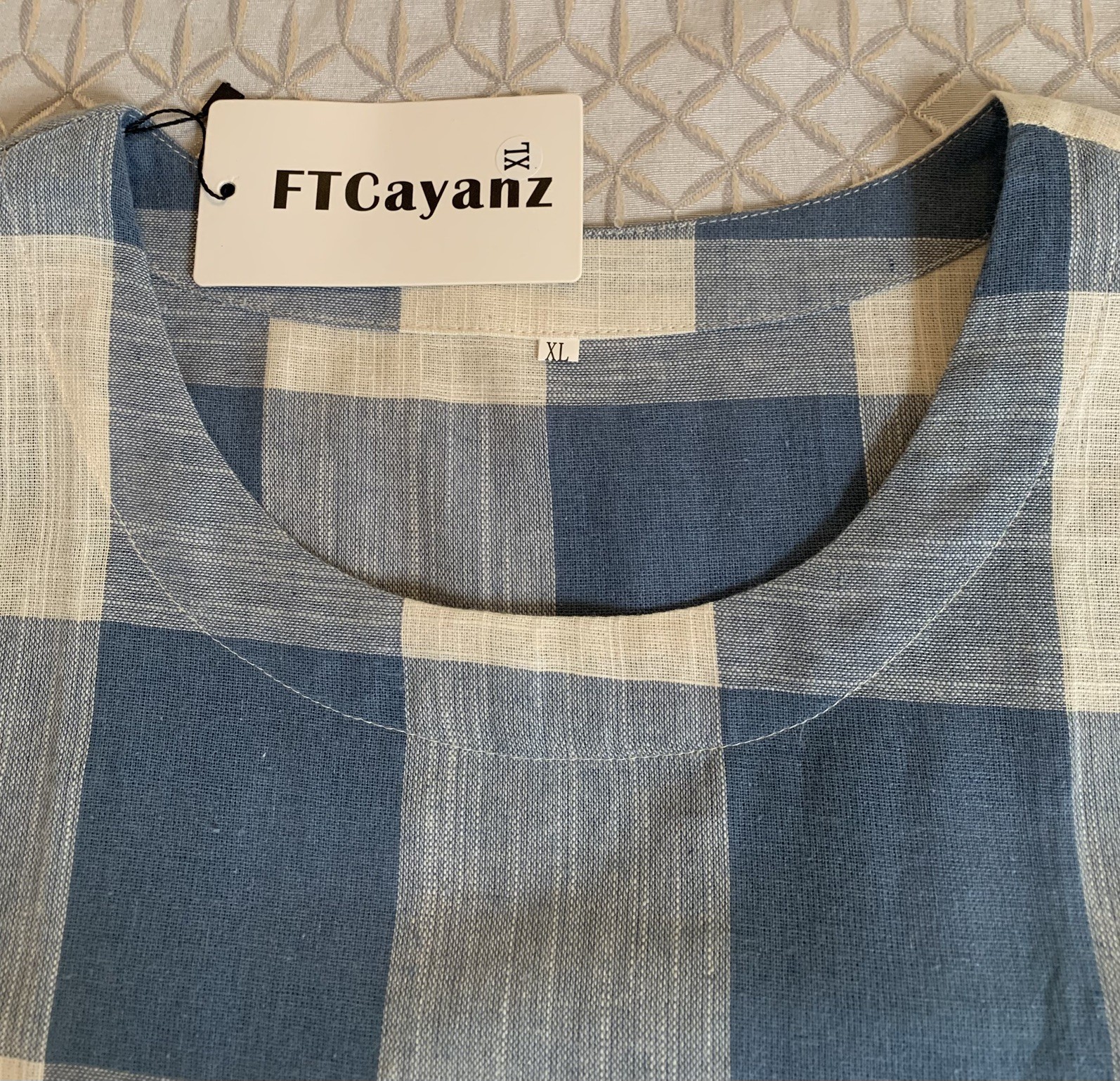 Buffalo Check Plaid Everyday A LINE LINEN COTTON Dress BLUE White XL