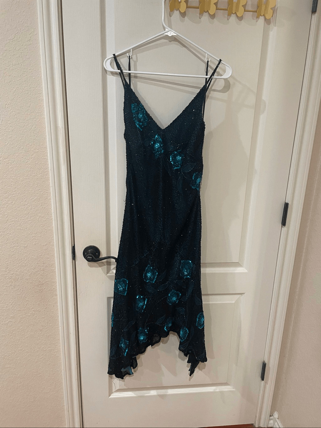 Scala Black Teal Sequin Cocktail Dress Large Spaghetti Strap V-Neck Silk Vintage