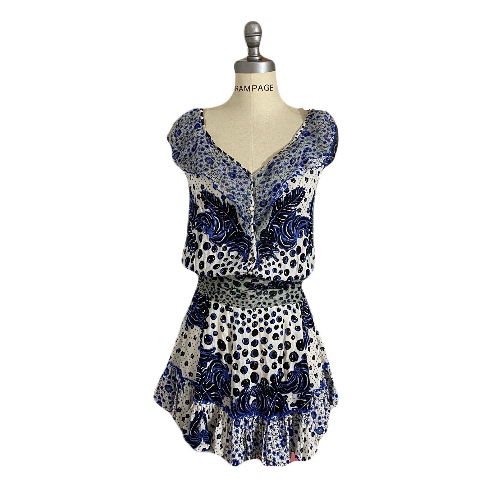 Poupette St Barth Women Blue Ruffle Boho Tiered V Neck Beline Mini Dress Sz XS