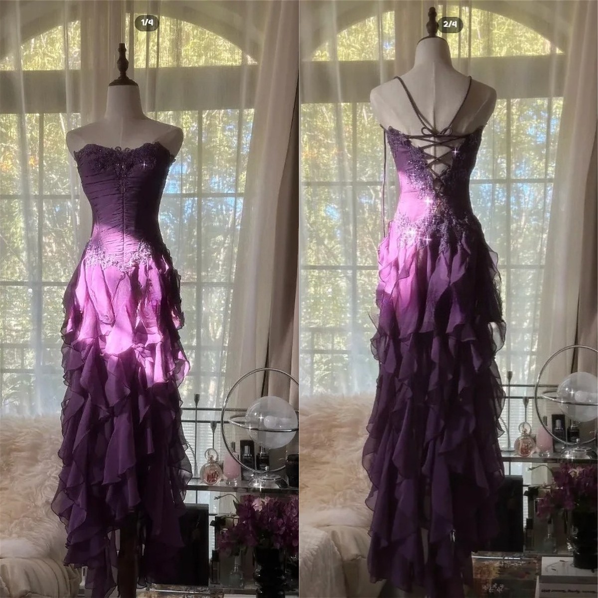 Vintage Purple Chiffon Gothic Evening Dresses Lace-up Ruffles Prom Party Gown