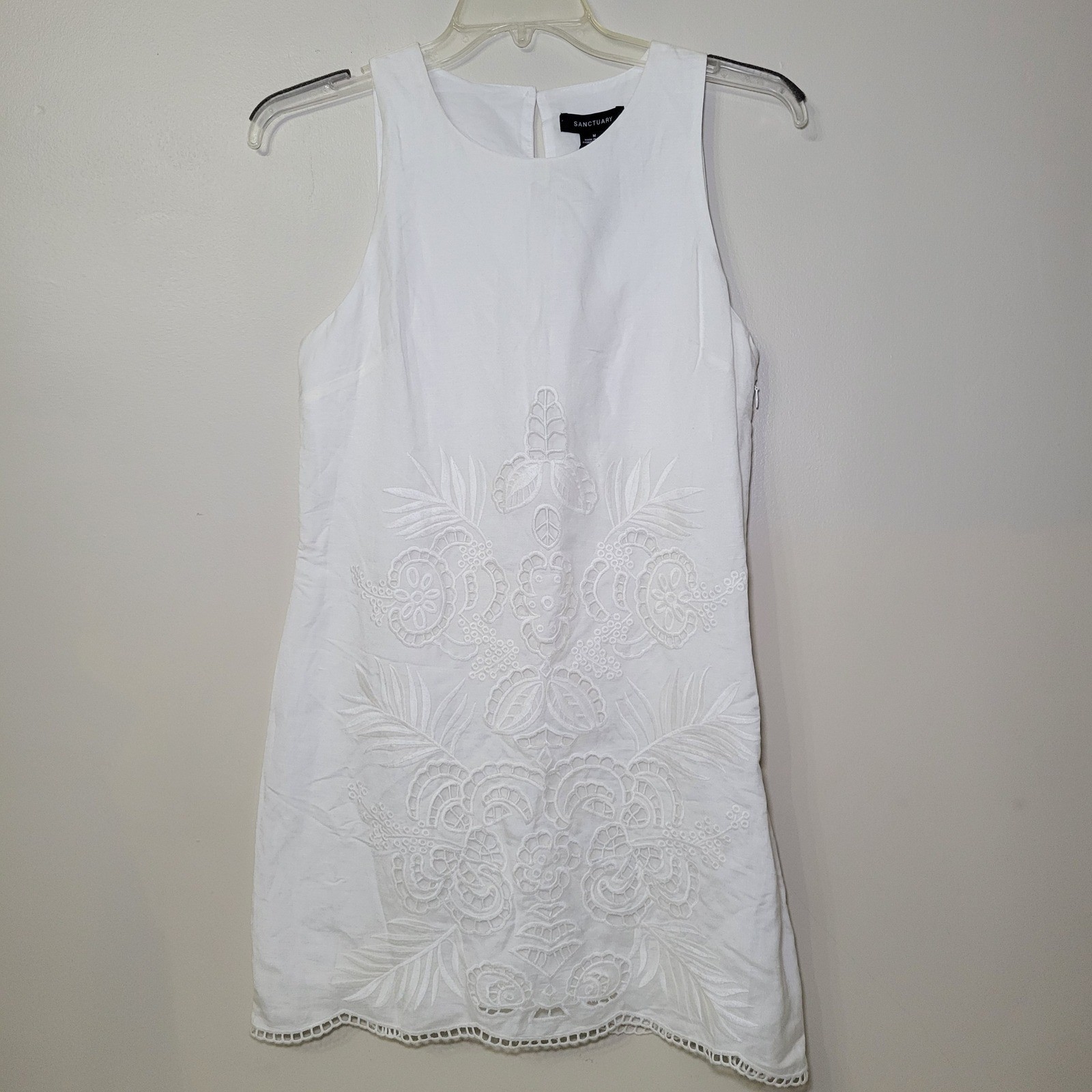 Sanctuary White Linen Blend Embroidered Sleeveless Shift Dress Womens Medium NWT
