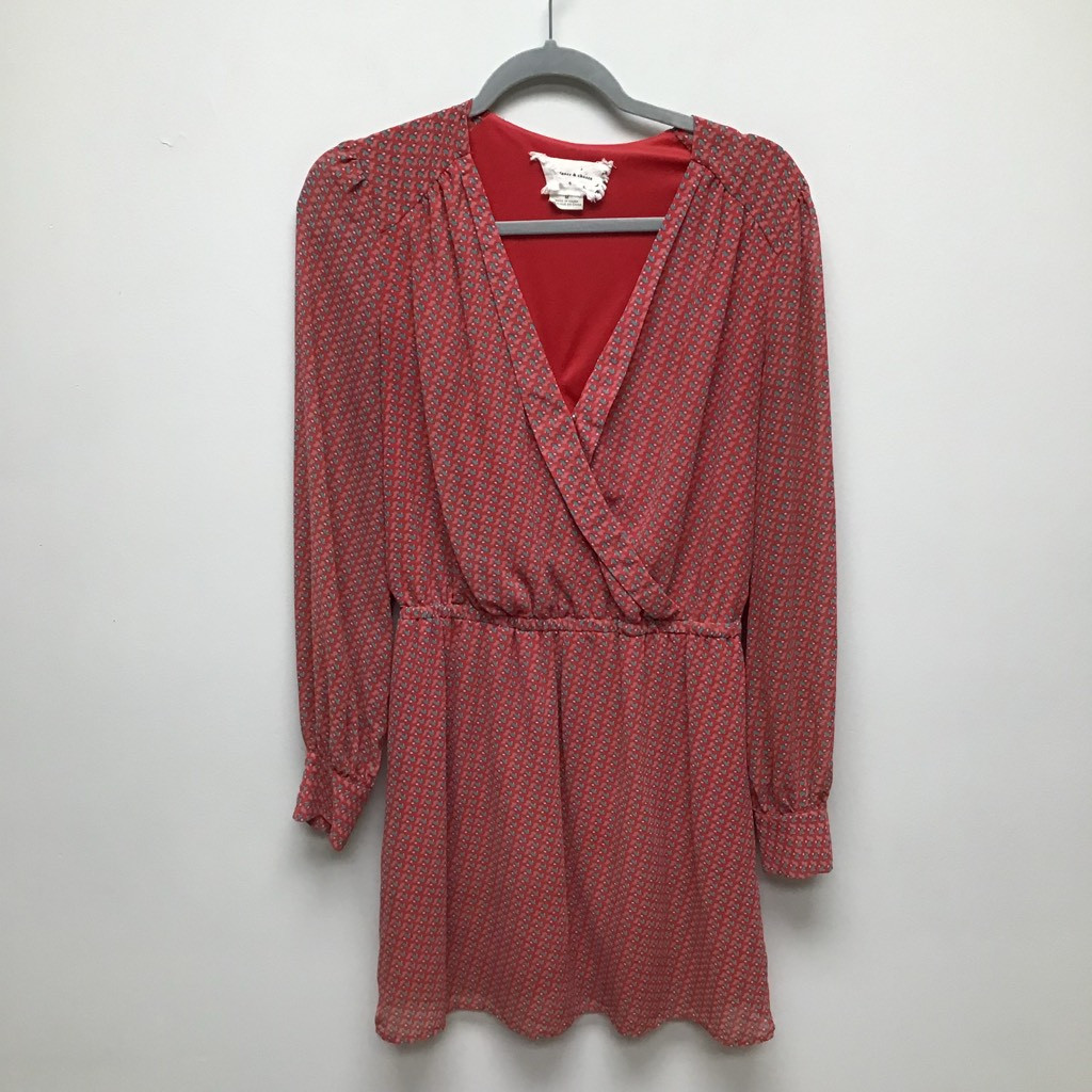 Coincidence & Chance Womens Faux Wrap Dress Red Green Geometric Button Cuff M