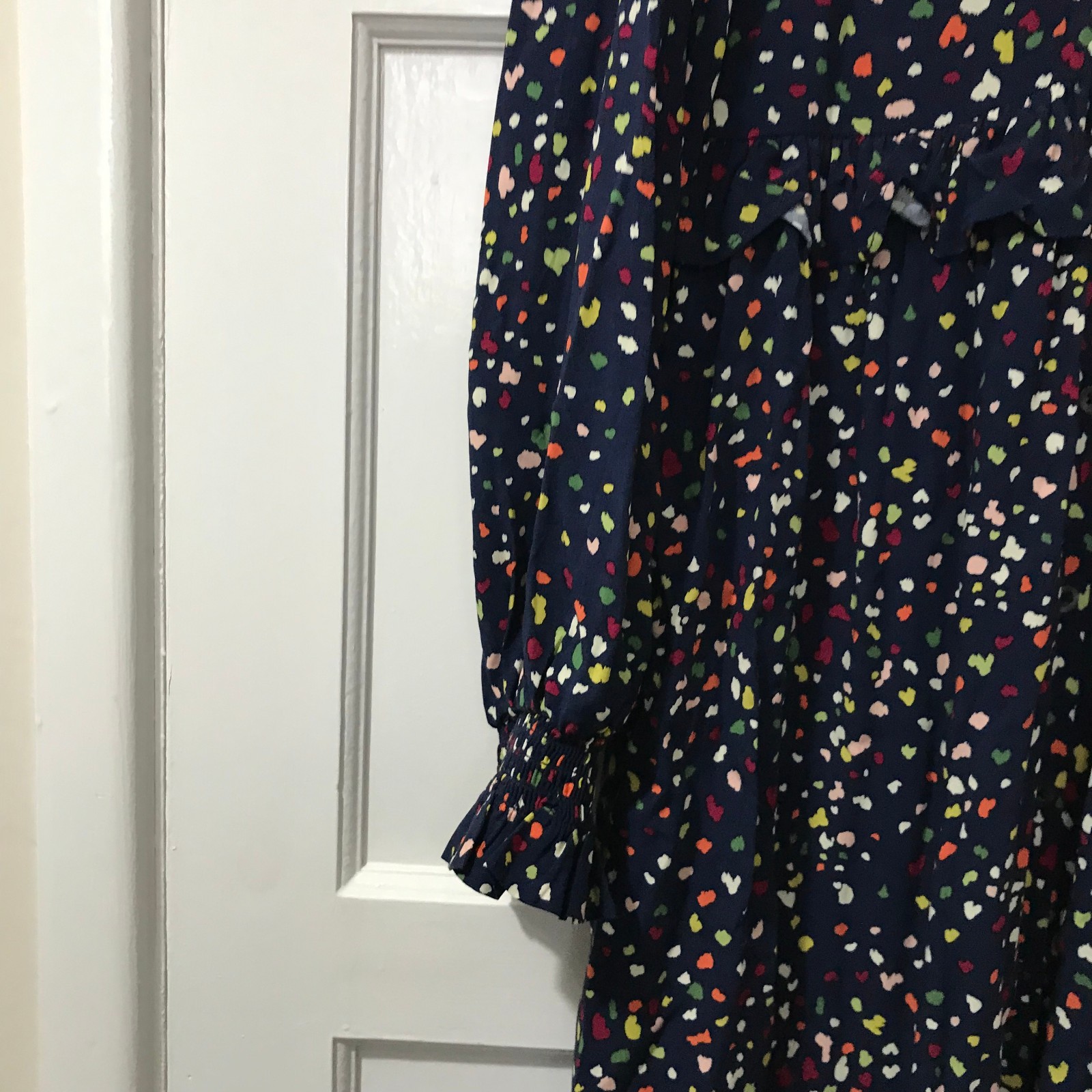 Feather Bone Midi Dress Womens Size XS 8 Navy Blue Spotty Long Sleeve Ruffle