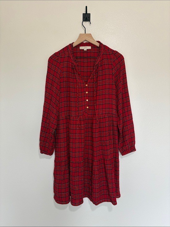 Ann Taylor LOFT Metallic Tartan Plaid Tiered A-Line Dress Holiday Red Small