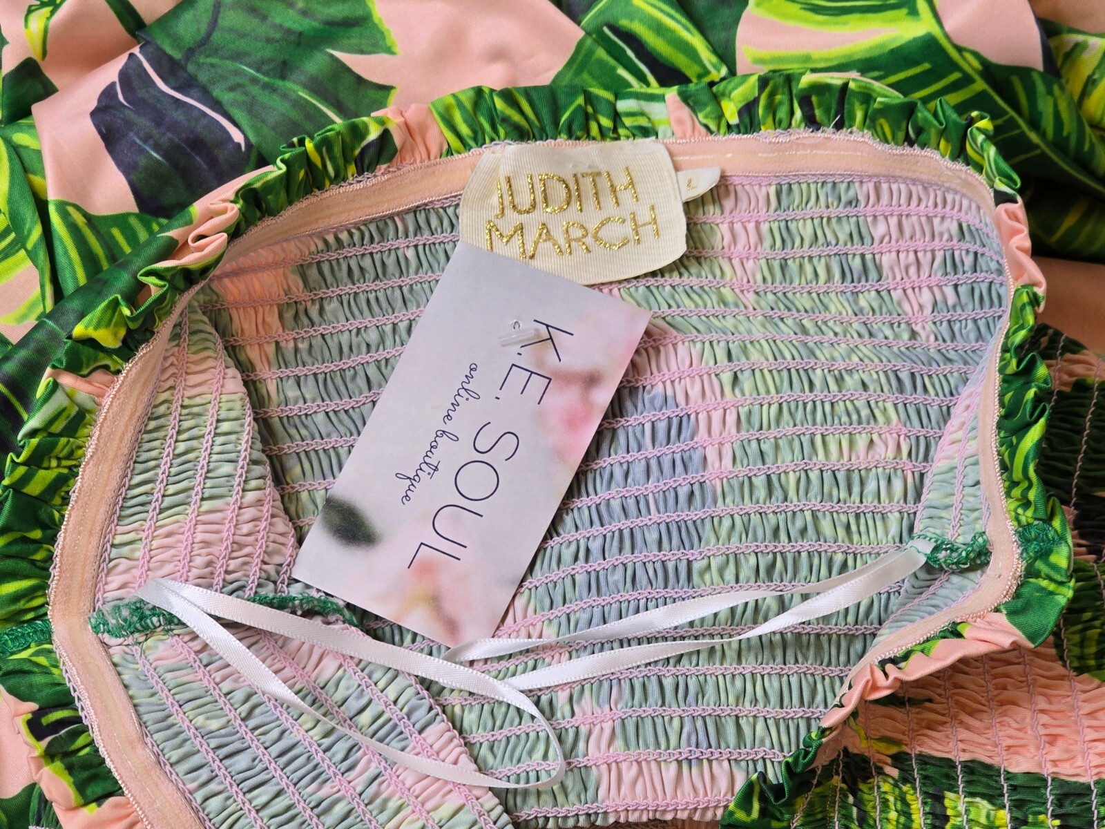 JUDITH MARCH PALM TREES PRINT LONG STRAPLESS DRESS LT PINK/GREEN RARE SZ: LG NWT