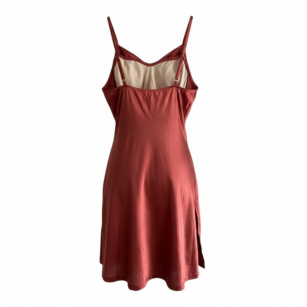 Rust Copper Satin Slip Mini Dress Built-in Bodysuit Side Slit Womens XS Y2K 90’s