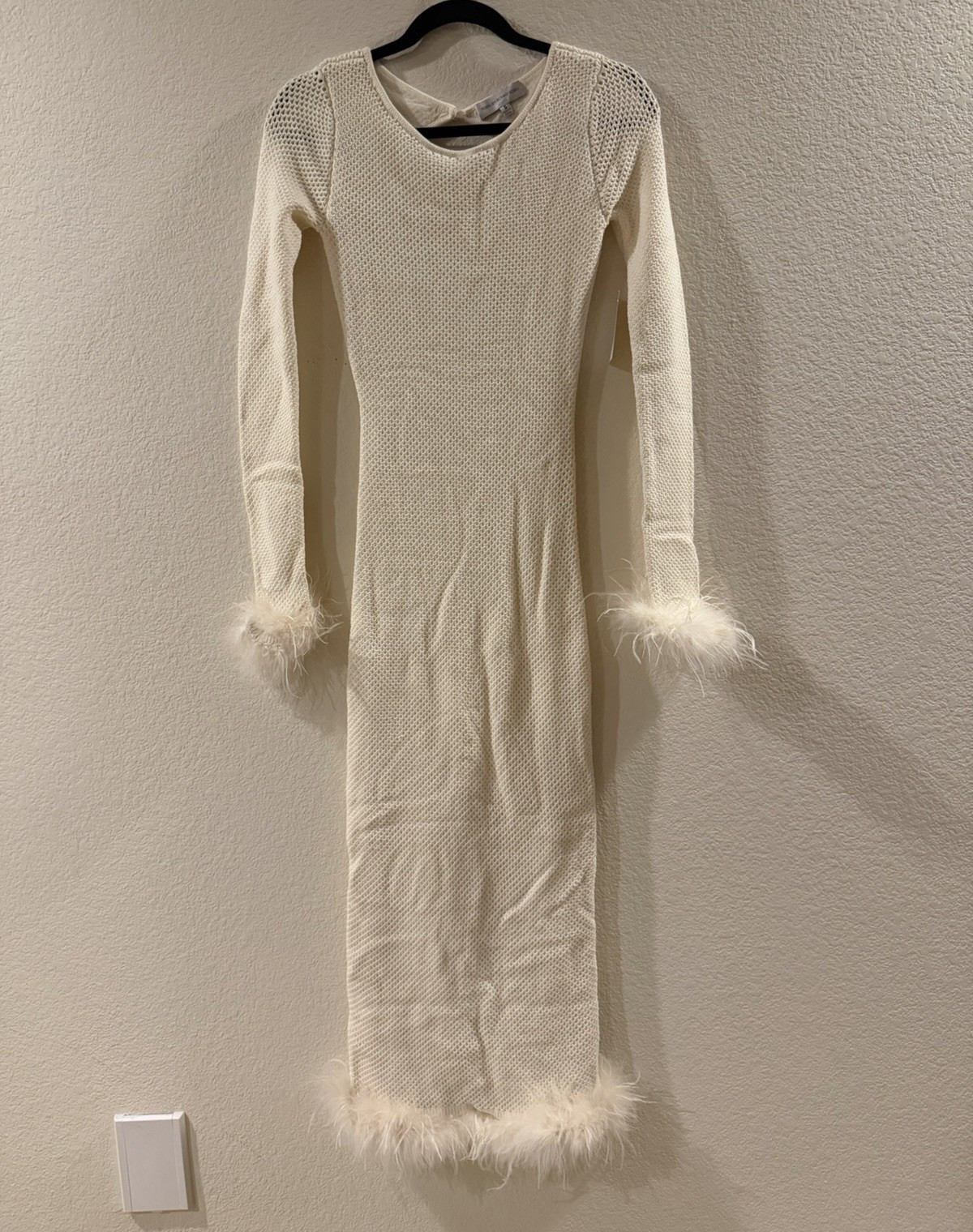 NWT Torn by Ronny Kobo Cream Knit Bodycon Back Cutout Feather Long Dress S