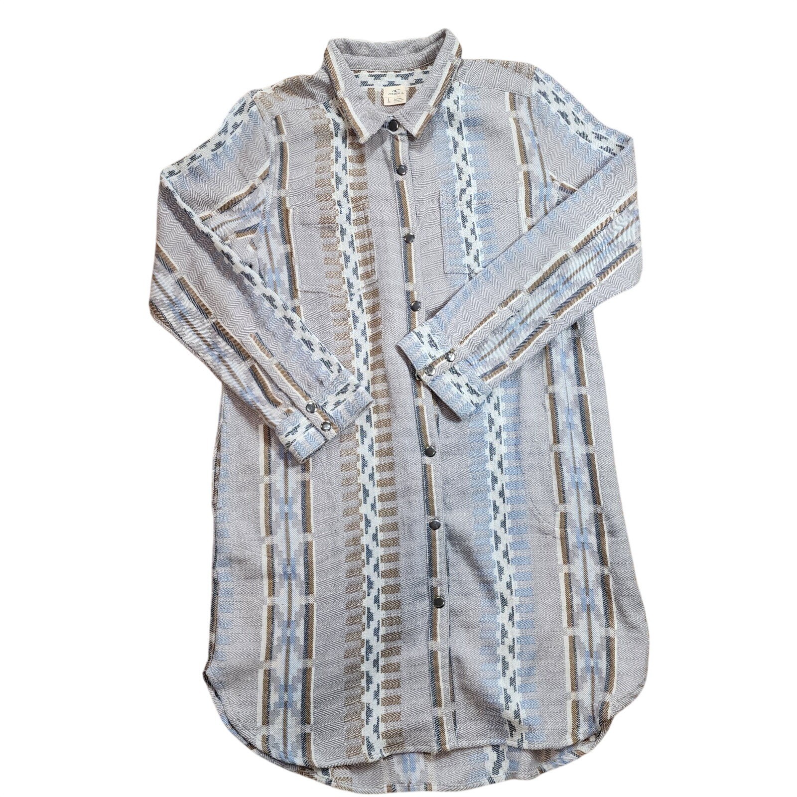 ONeill Womens Large Blue Tan Southwestern Geometric Longline Shirt Dress Tunic