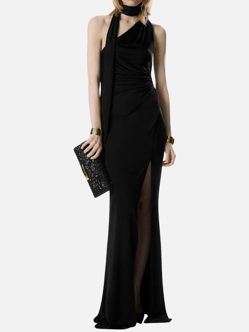 Tom Ford Women’s Black Silk Solid Draped One-Shoulder Gown Dress Size 42