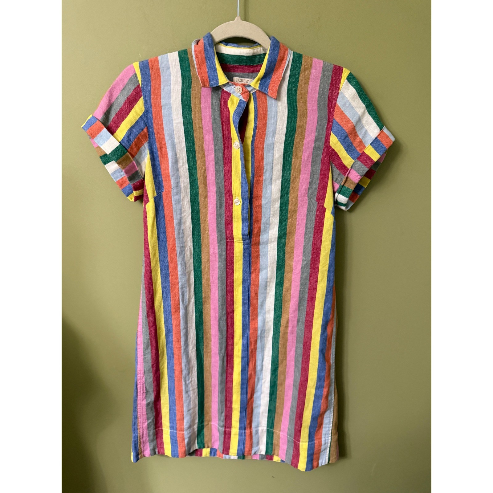 J.Crew Multi Color Vertical Stripe Rainbow Linen Cotton Shirt Dress XS Mini