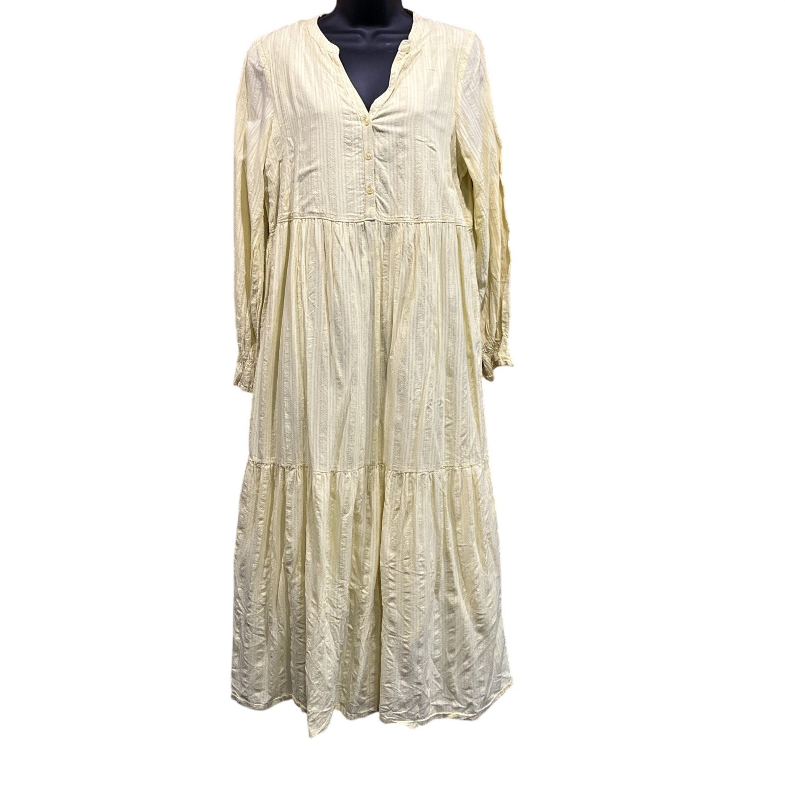 ABLE Yellow Striped Tiered Jane Maxi Dress Button Front V Neck Long Sleeve M
