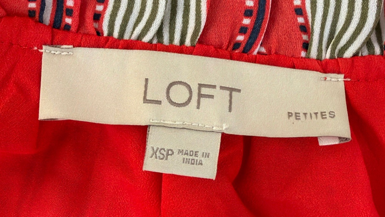 Ann Taylor Loft Red Striped Flounce Hem Shift Shirt Dress Sz XS Petite Tie Cuff