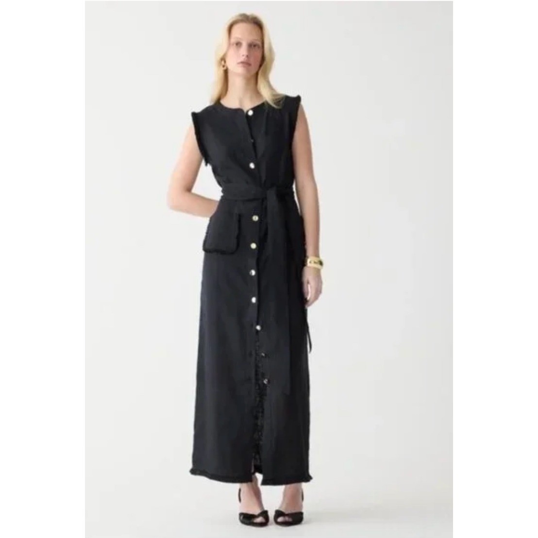 J Crew Black Linen Button Front Belted Midi/Maxi Shirtdress Sz XL: Preppy