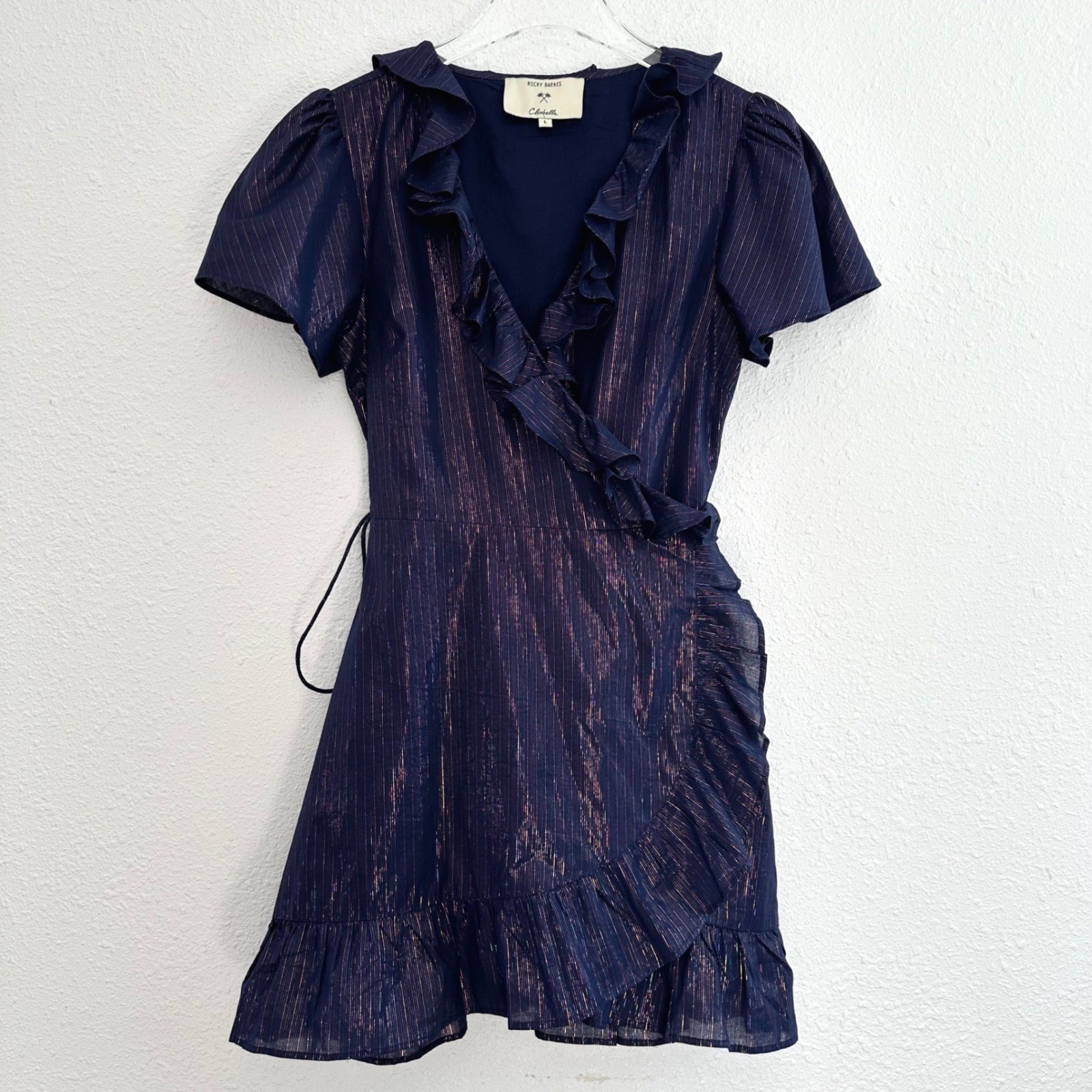 Cleobella x Rocky Barnes Fiji Dress Womens Large Navy Metallic Ruffle Wrap Mini