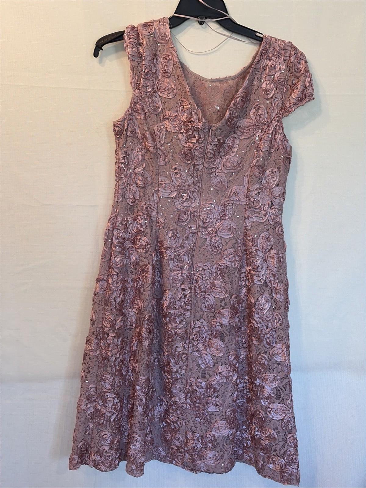 Alex Evenings pink Embellished Midi Gown with sequin rosettes.