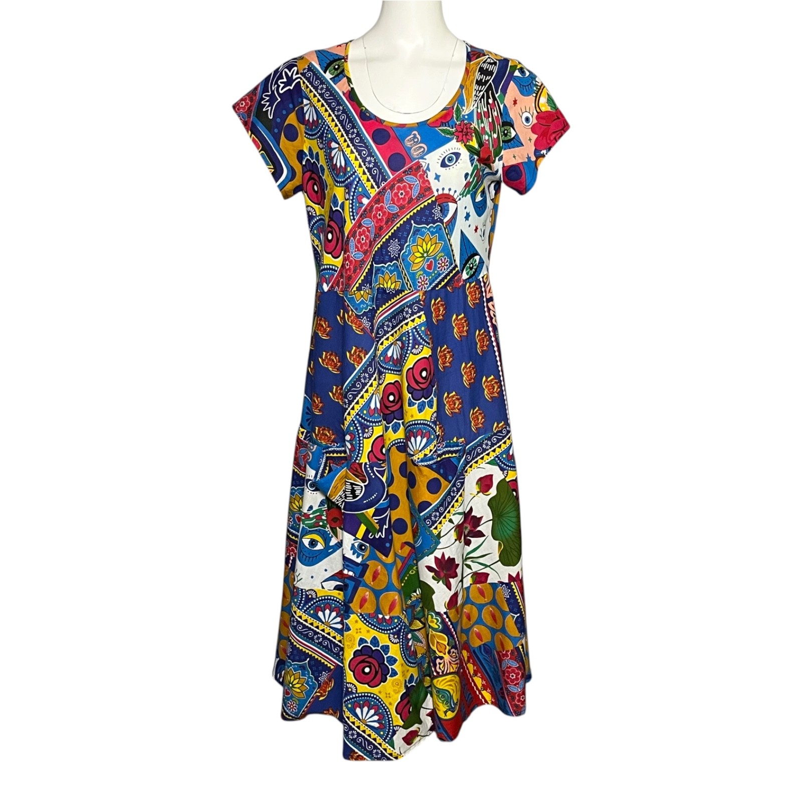 Orientique Amritsar Organic Cotton Patchwork Midi Dress Art Print Size Small