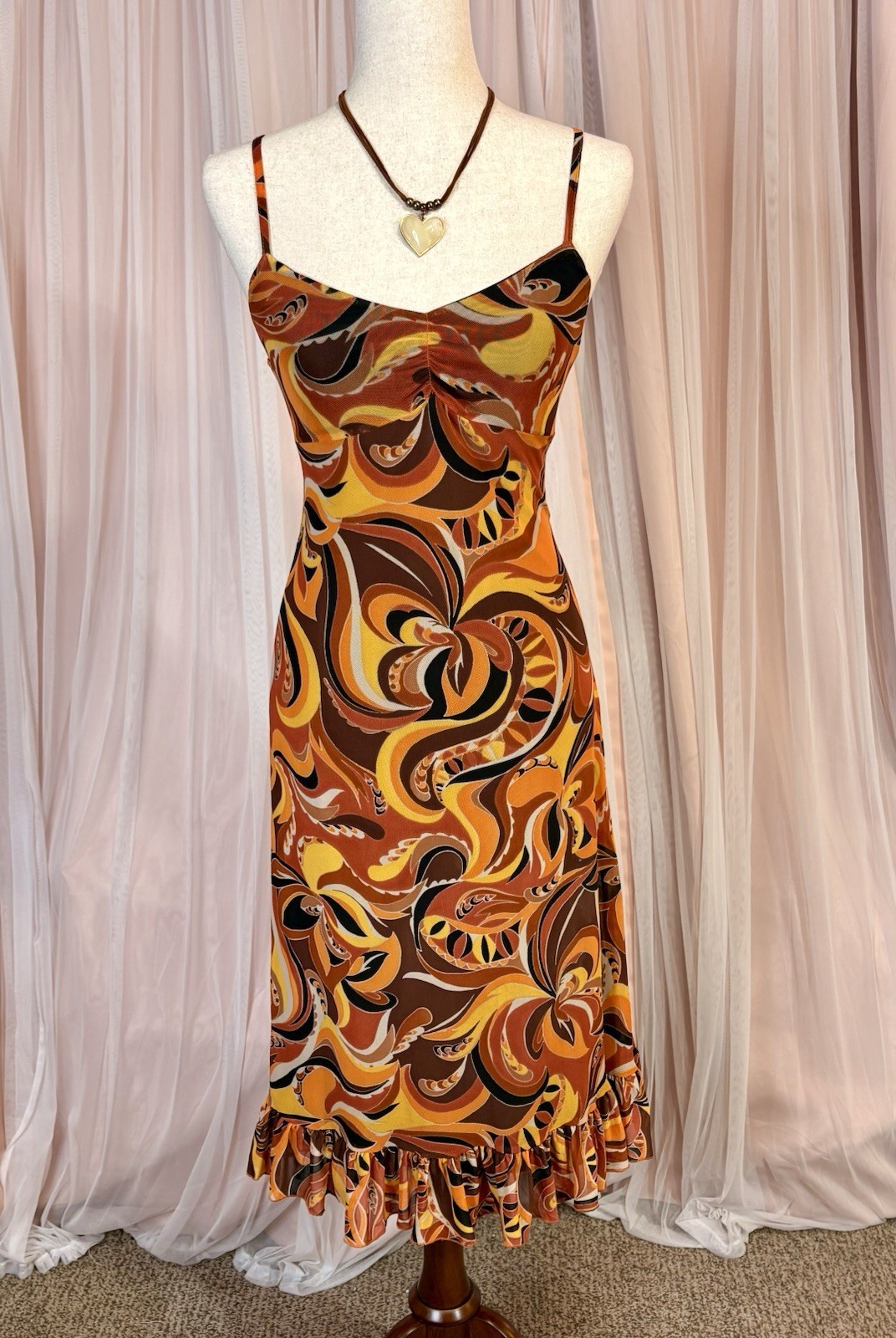 no comment Abstract Swirl V-Neck Spaghetti Strap Ruffle Hem Slip Dress S