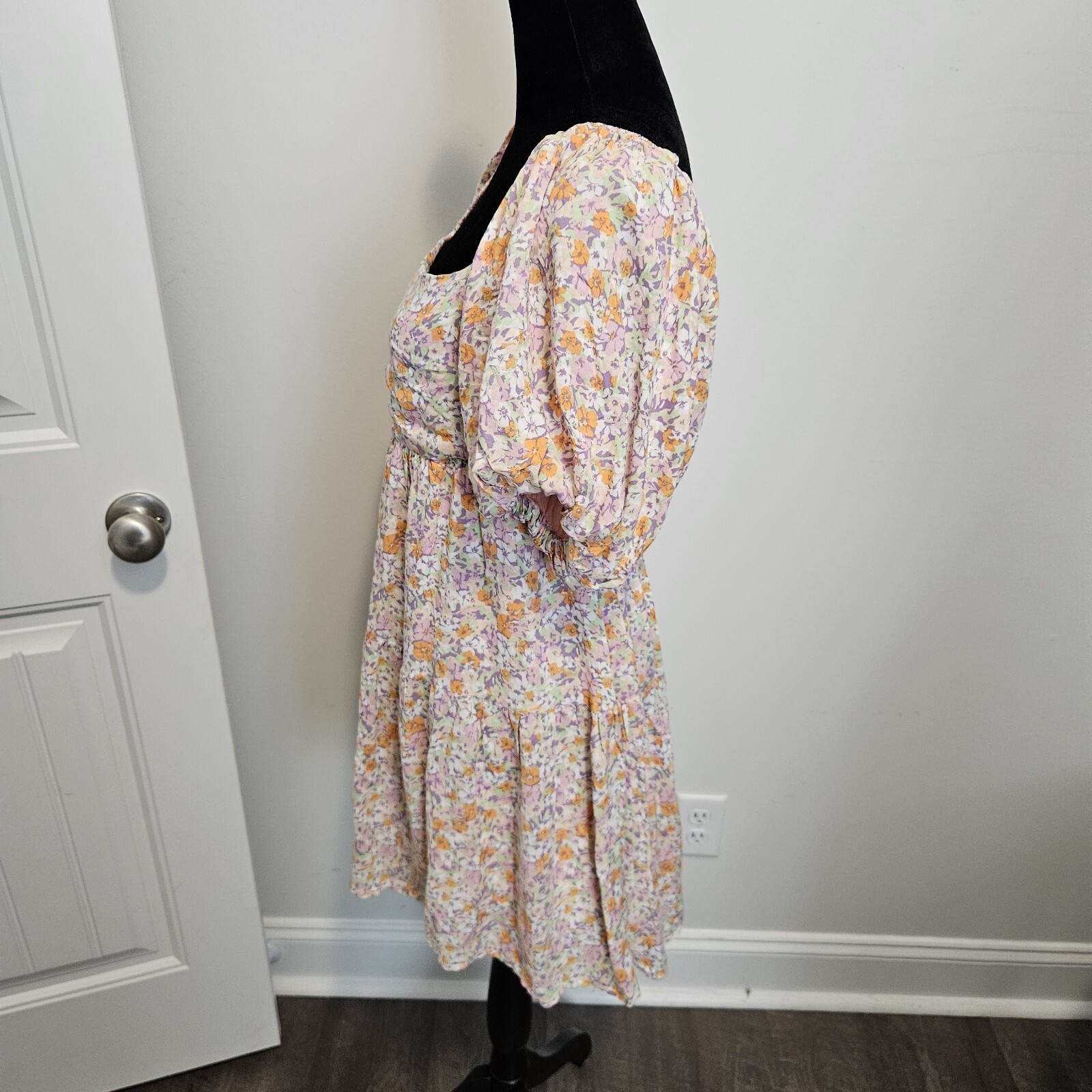 MINKPINK Versailles Puff Sleeves Square Neck Floral Pink Mini Dress Size Small