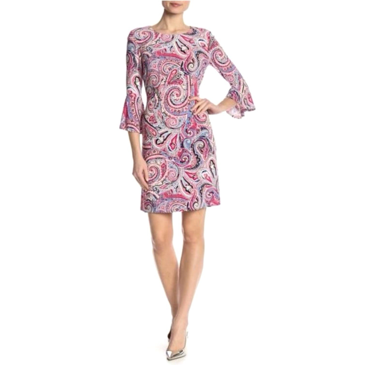 Tommy Hilfiger Fresco Paisley Dress Sz 8 Jersey Stret Bell Sleeves Logo Zipper