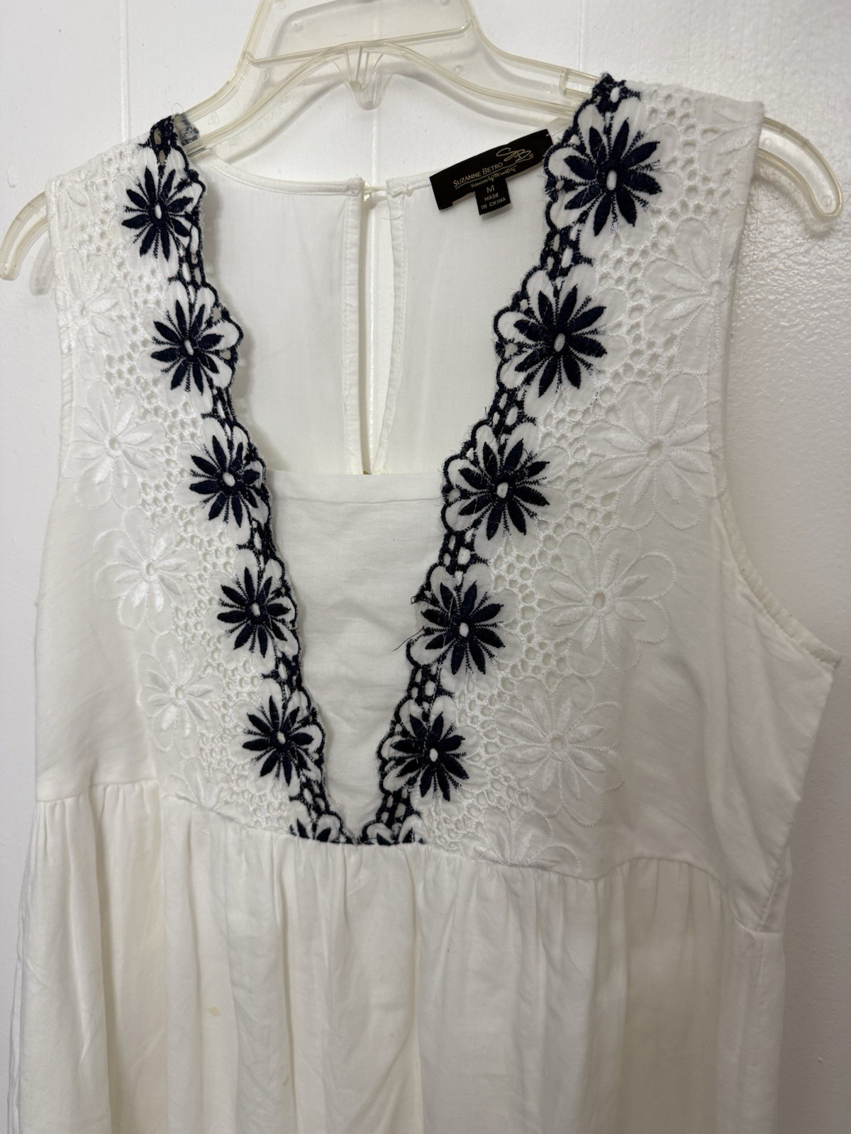 Suzanne Betro White Blue Floral Embroidered Cotton Dress Sleeveless Boho M