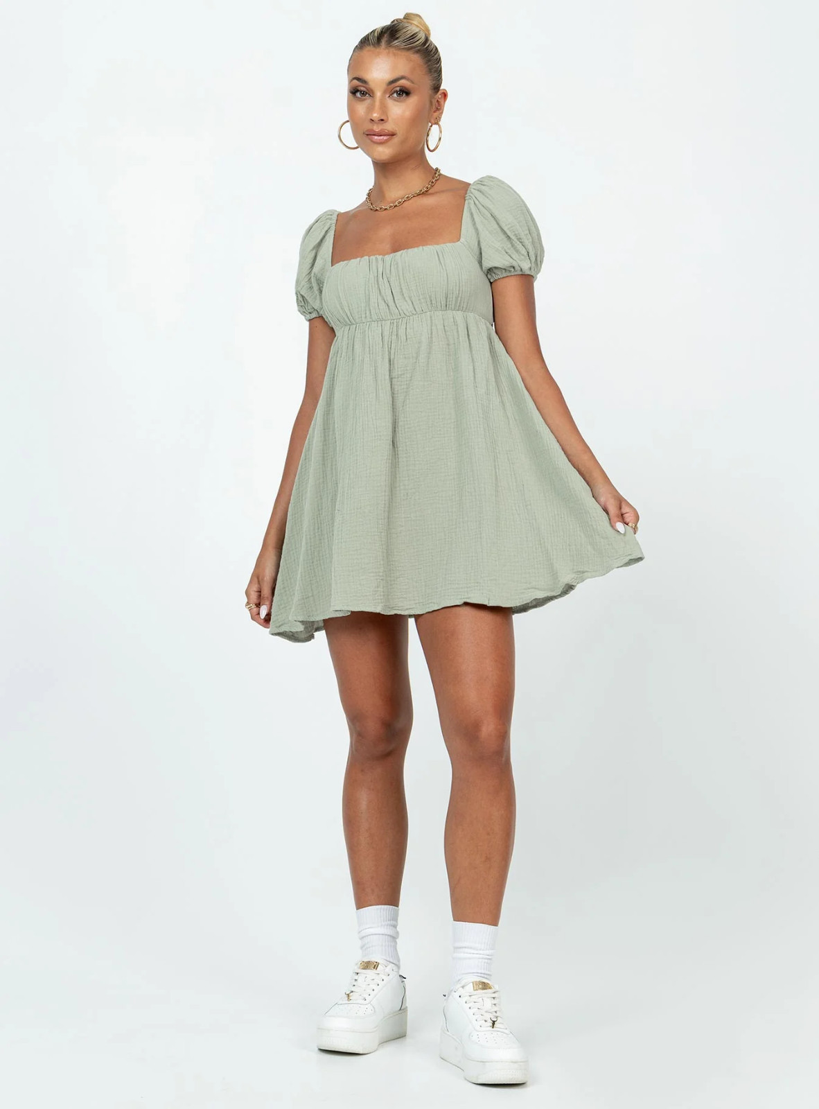 Princess Polly Lets Dance Mini Dress Green Babydoll Puff Sleeve Size 2
