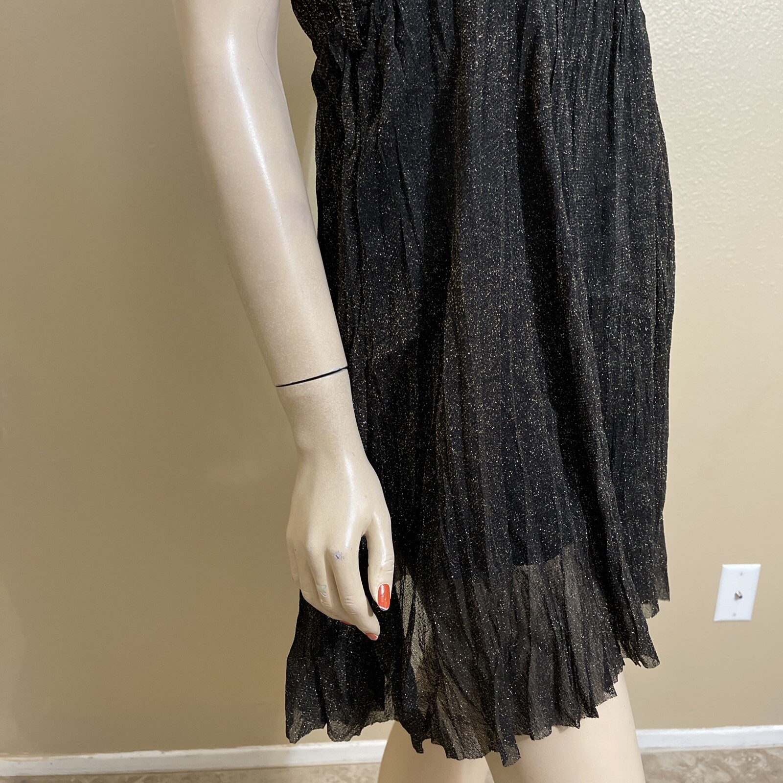 Women’s Black Polyester Cocktail Layered Pleated Open On Tie Midi Size S Dress