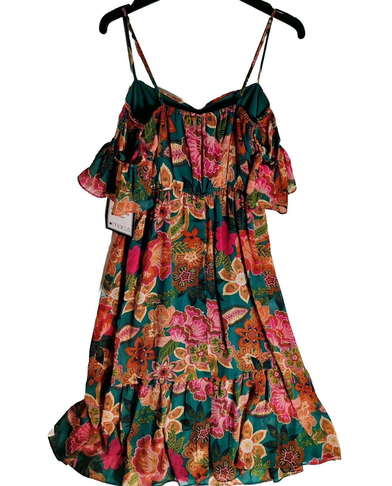 City Studios Orange-Teal Floral Print Off-The-Shoulder Midi Dress L Coastal Boho