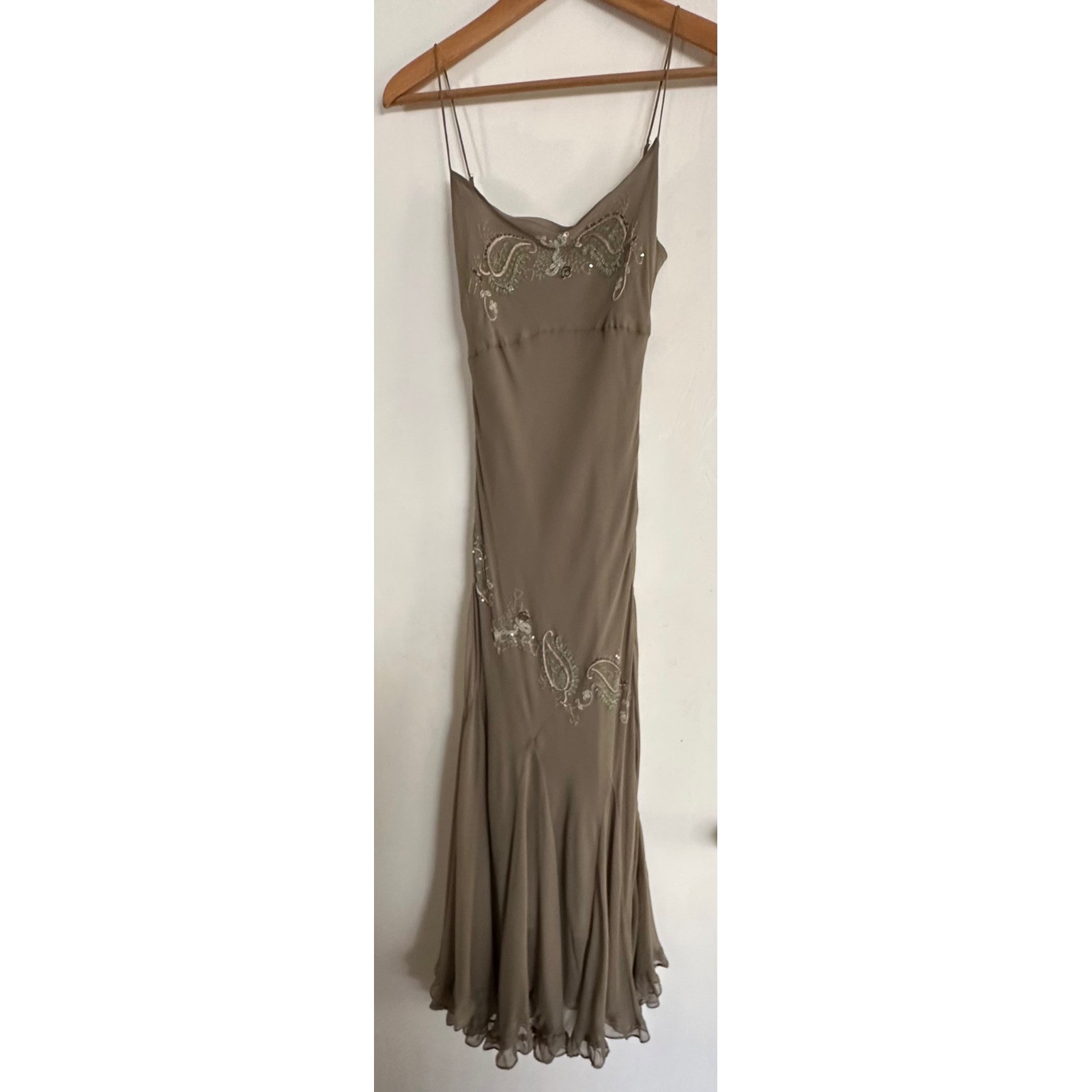 Y2K An’ge Intuition Silk Beaded Paisley Embroidery Slip Dress Sage Green Size XS