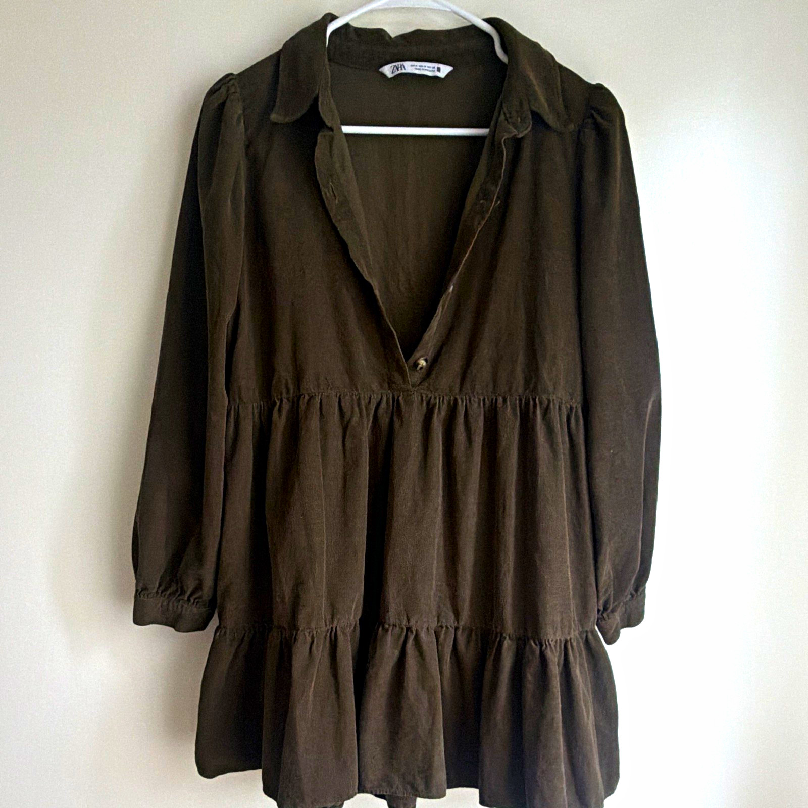 Zara Women’s oliveBrown Corduroy Shirt Dress Collared Button Long Sleeve M