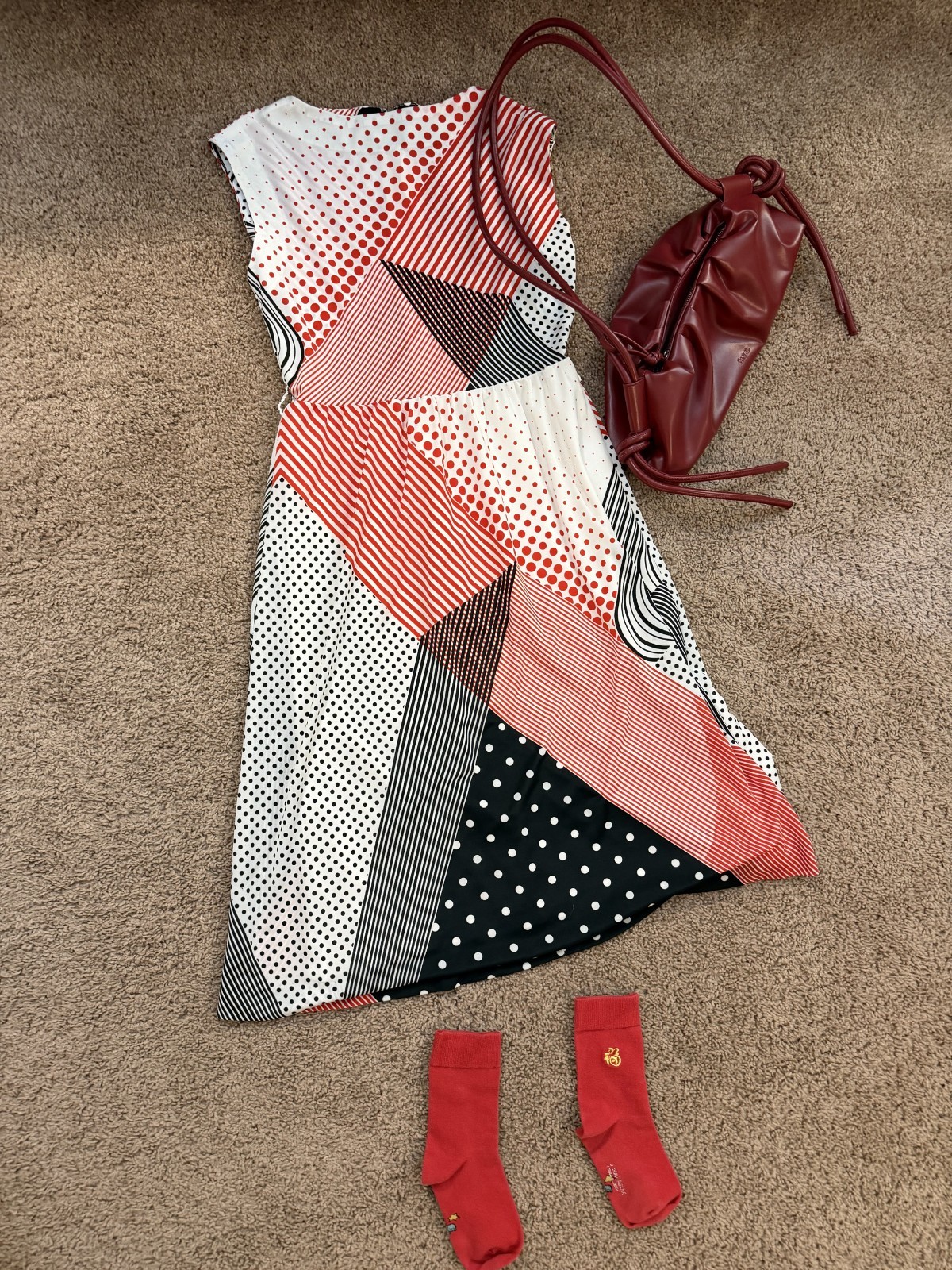 ❤️ Vintage Geometric Op-Art Polka Dot & Stripe Midi Dress 1970s-80s