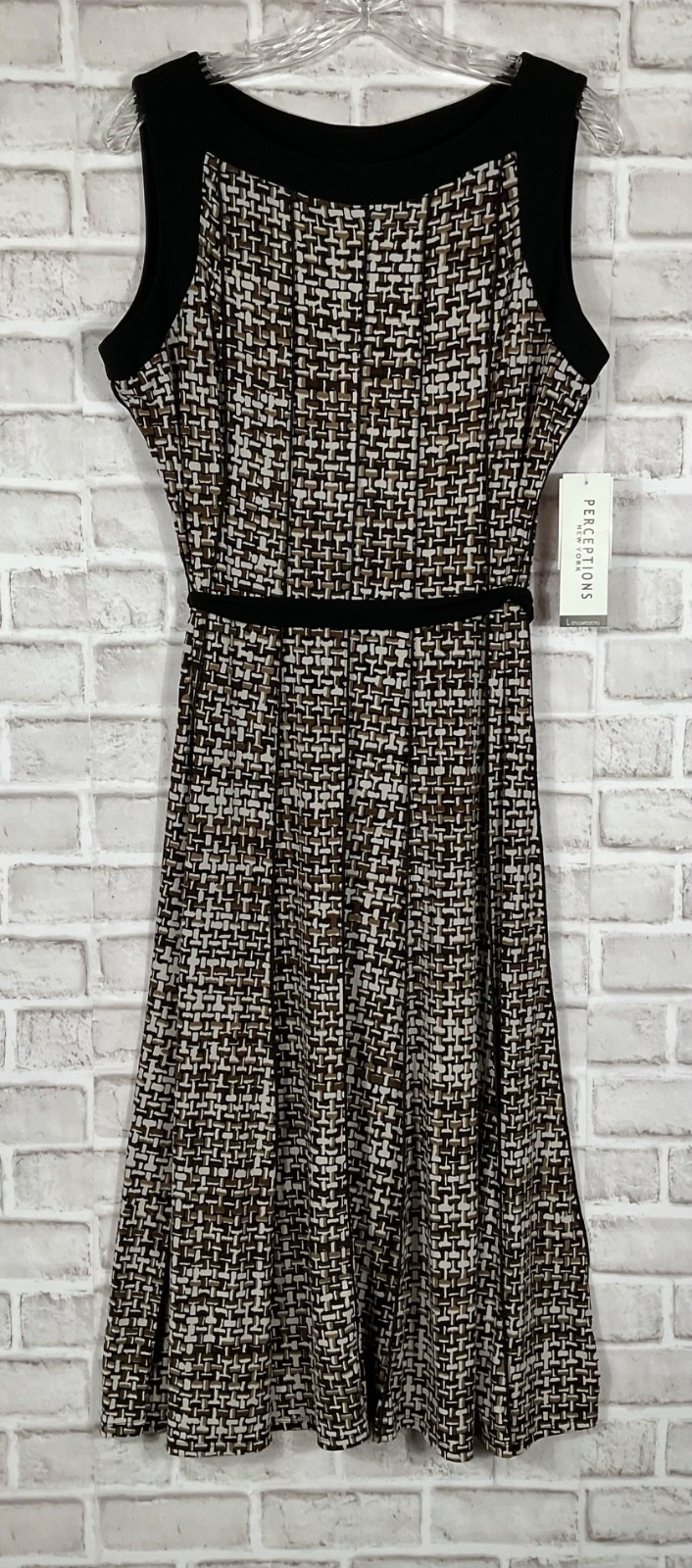 Perceptions Dress Women’s Sz L Black Taupe Belted A-Line Midi Sleeveless NWT