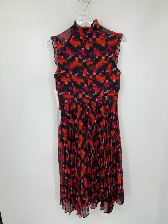 Maggy London Pleated Ruffle Cap Sleeve Midi Dress red pink square shift new 6