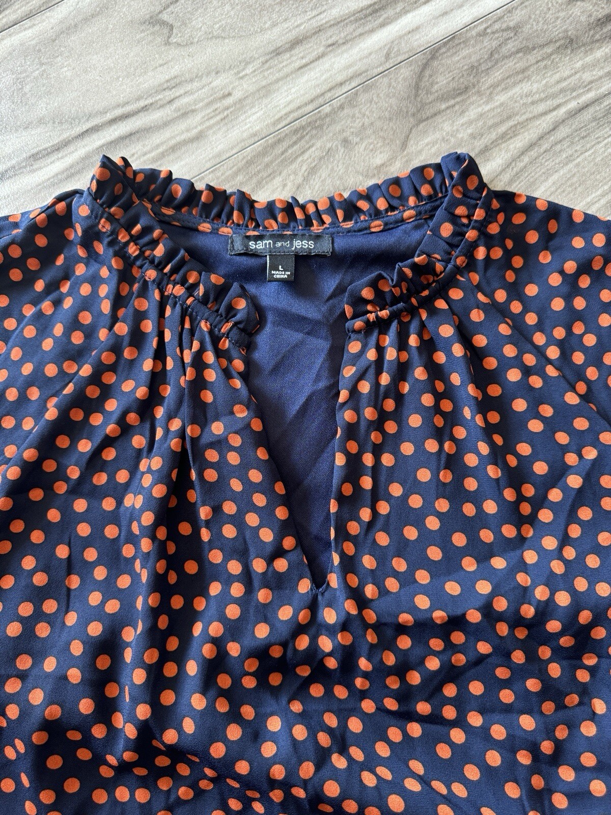 Sam & Jess Women’s Size L Navy and Rust Ball Print Chiffon Babydoll Dress