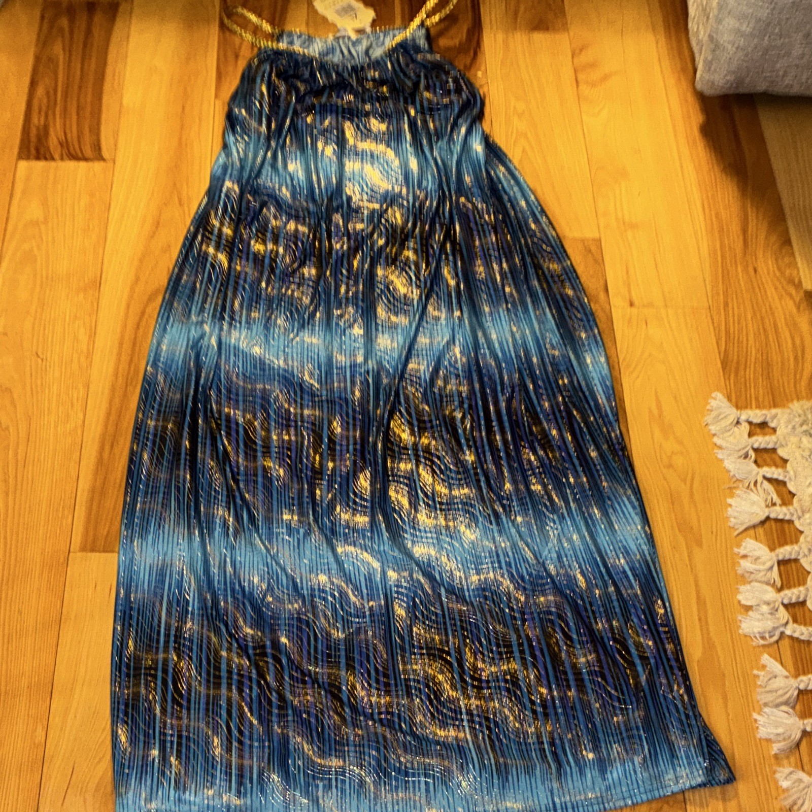 Ace Fashion XL Blue/Black/Gold Abstract Halter Maxi Dress Chiffon Braided Strap