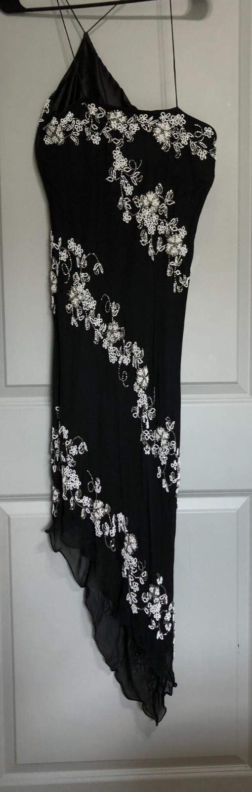 Vintage SCALA 100% Silk Beaded Dress Black Floral Asymmetric Hem Prom Formal L.